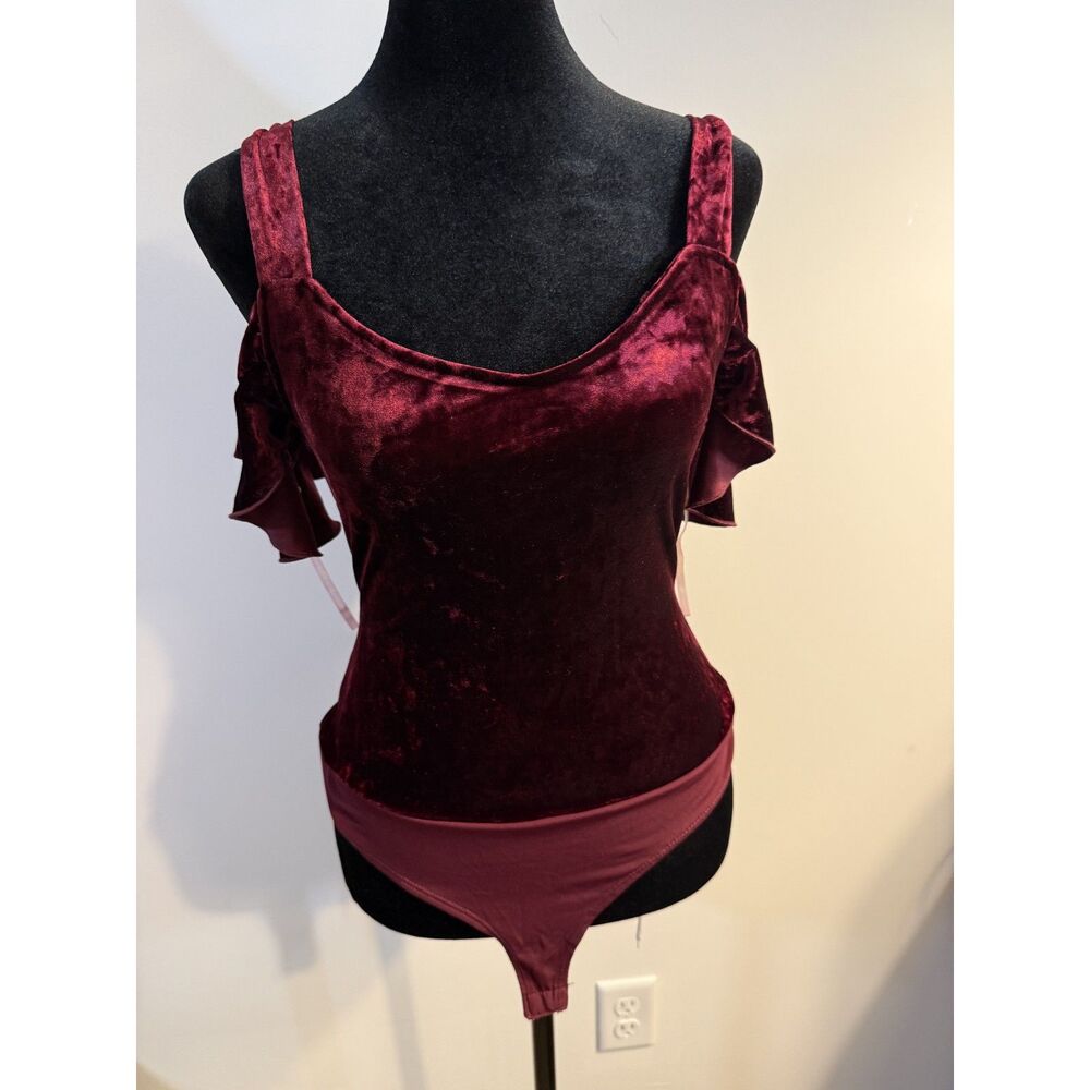 Burgundy Crushed Velvet Cold Shoulder Bodysuit — Zara-Style